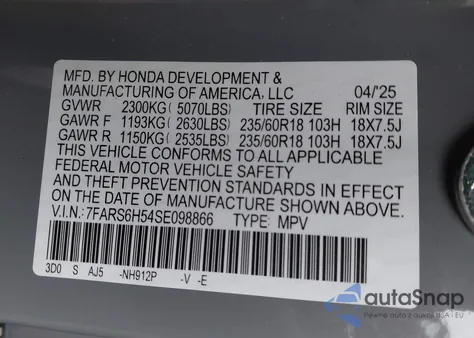 2025 Honda Cr-V Hybrid Sport from USA, damaged, VIN 7FARS6H54SE098866